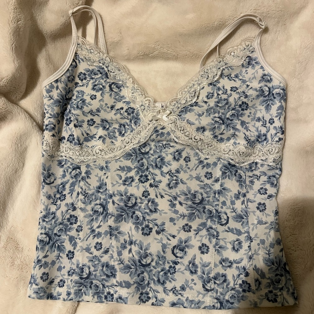 Garage Blue and White Floral Lace Tank Top